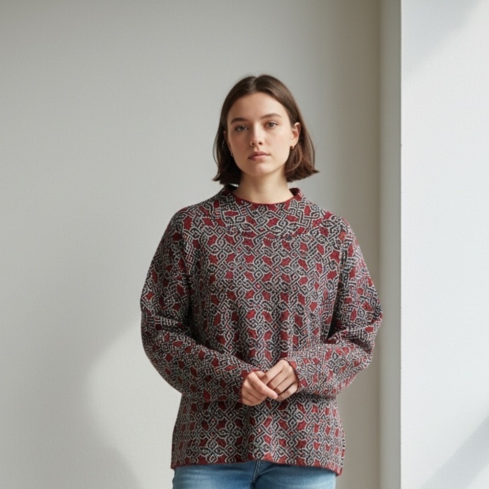 Anthropologie Maeve Sweater Medium Geometric Print Red Black Crew Neck Women